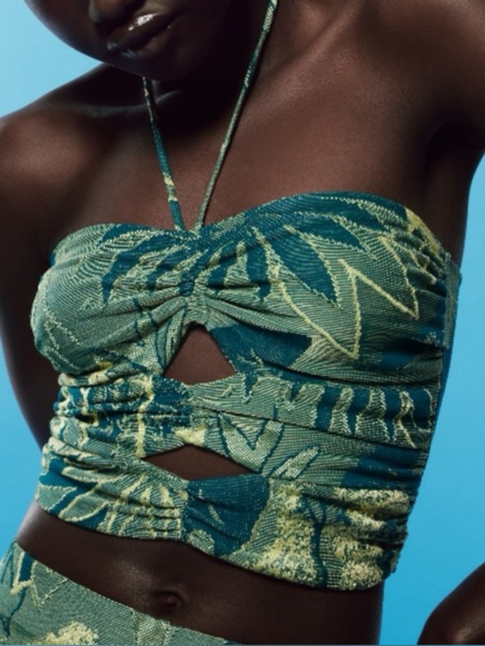 Zara Jacquard Cut Out green Tropical halter top
